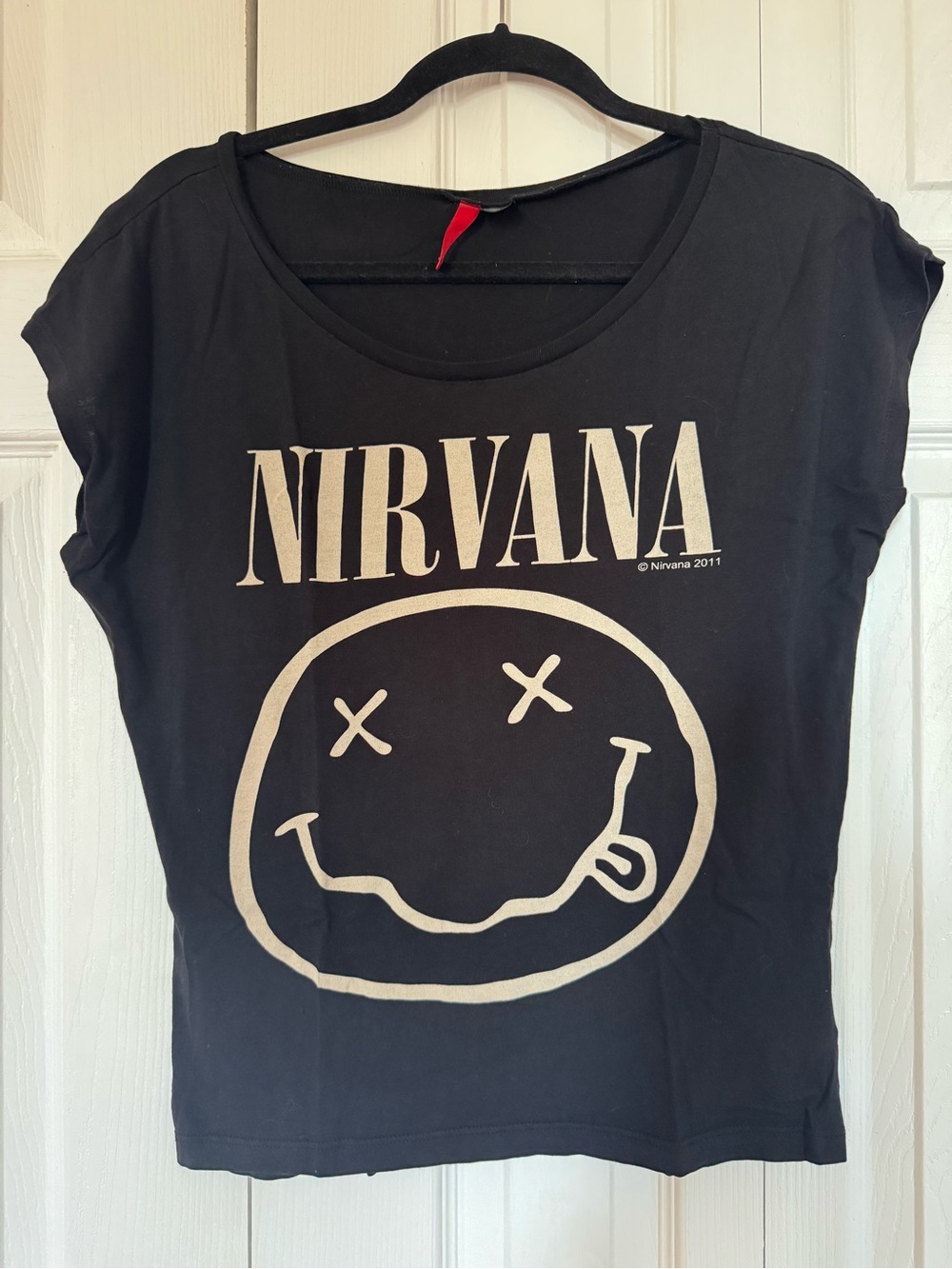 H&M Black Off The Shoulder Nirvana Cotton Graphic Tee with Cream Print